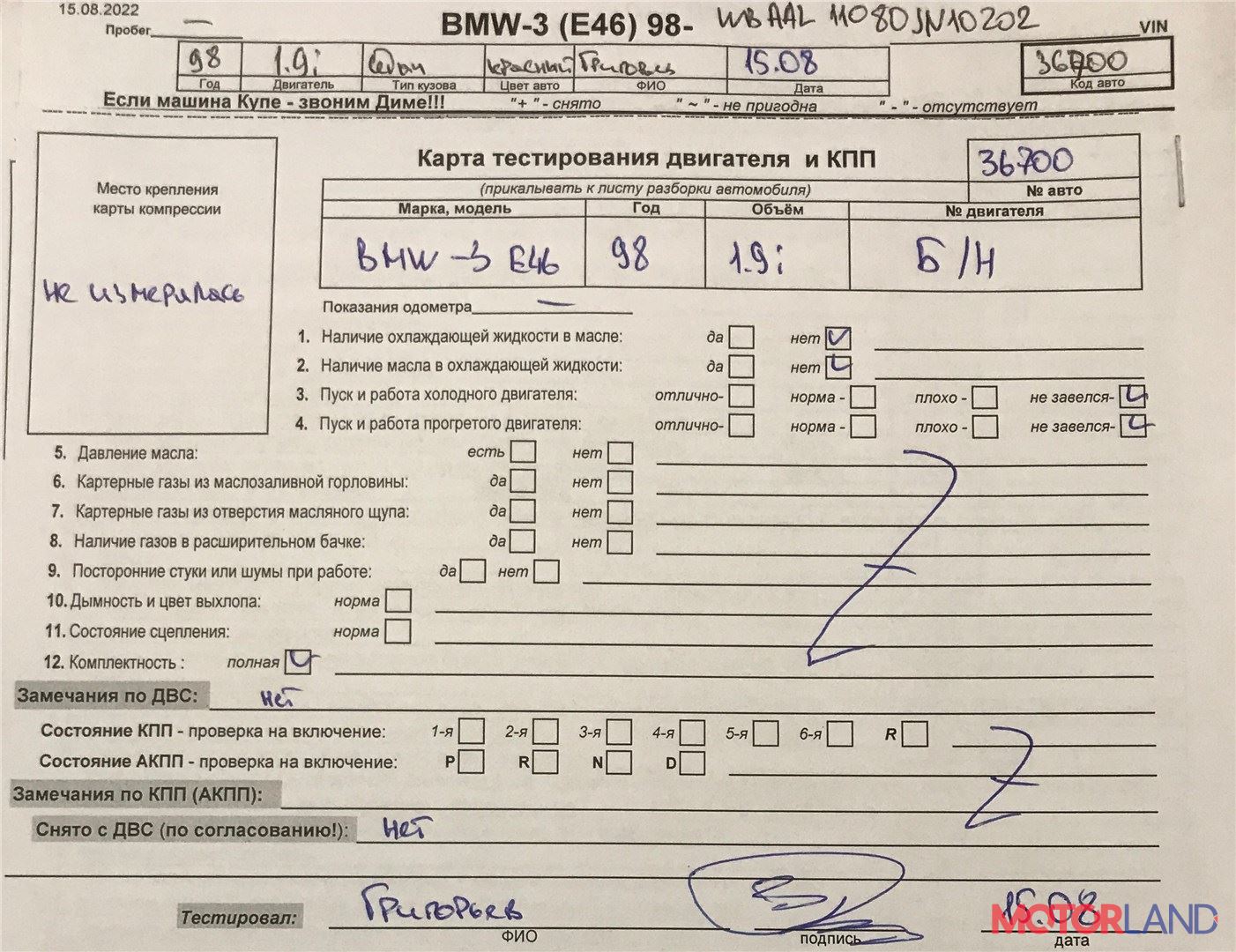 Недавно поступивший автомобиль BMW 3 E46 1998-2005 - разборочный номер 36700