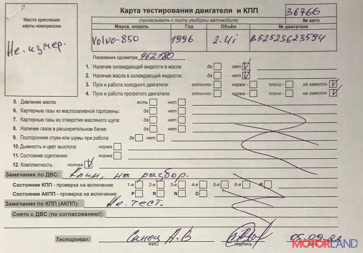 Недавно поступивший автомобиль Volvo 850 - разборочный номер 36766